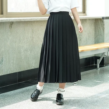 

Women Japanese JK Uniform Long Skirt High waist Summer Teen Girls Sweet Loose Solid Color Mid length Pleated Skirt College style