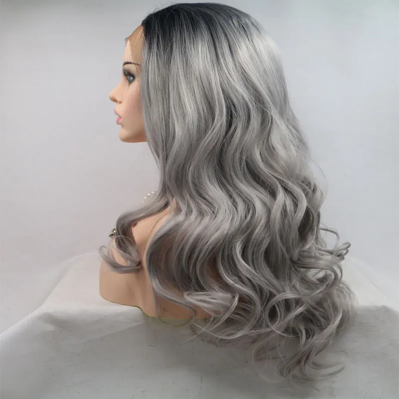 Beautiful Girl Black Roots Ombre Silver Grey Synthetic Lace Front Wig Body Wave Heat Resistant Fiber Wig Middle Part For Women