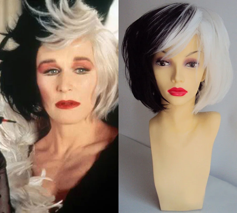 Cruella de Vil Wigs Women Black White Mix Fluffy Synthetic Cosplay Hair Heat Resistant Costume Wigs+ Free Wig cap