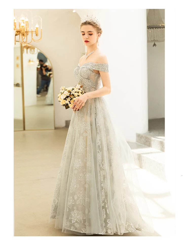 BacklakeGirls Luxury Floor Length Silver Lace Evening Dress For Wedding Evening Party Formal Dress Custom Made Vestidos De Festa