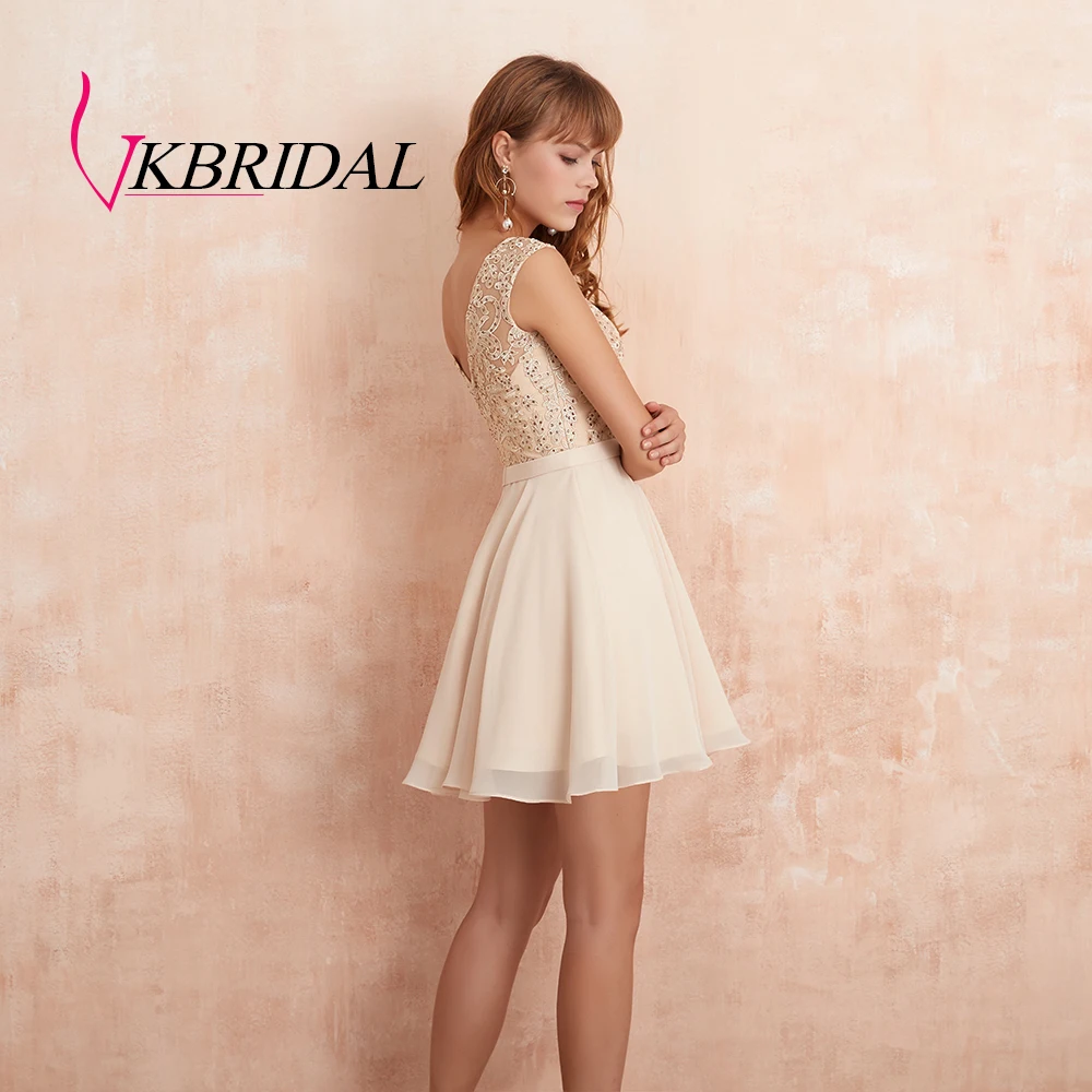 VKBRIDAL, платья для выпускного вечера цвета шампанского, новинка, шифоновое кружевное платье с v-образным вырезом на спине, короткое платье для выпускного вечера