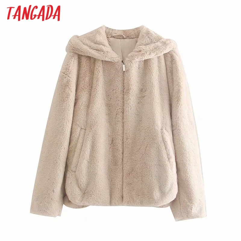 

Tangada Elegant women oversized faux fur coat warm thick zipper 2019 winter warm plush teddy coat Female overcoat 4M87