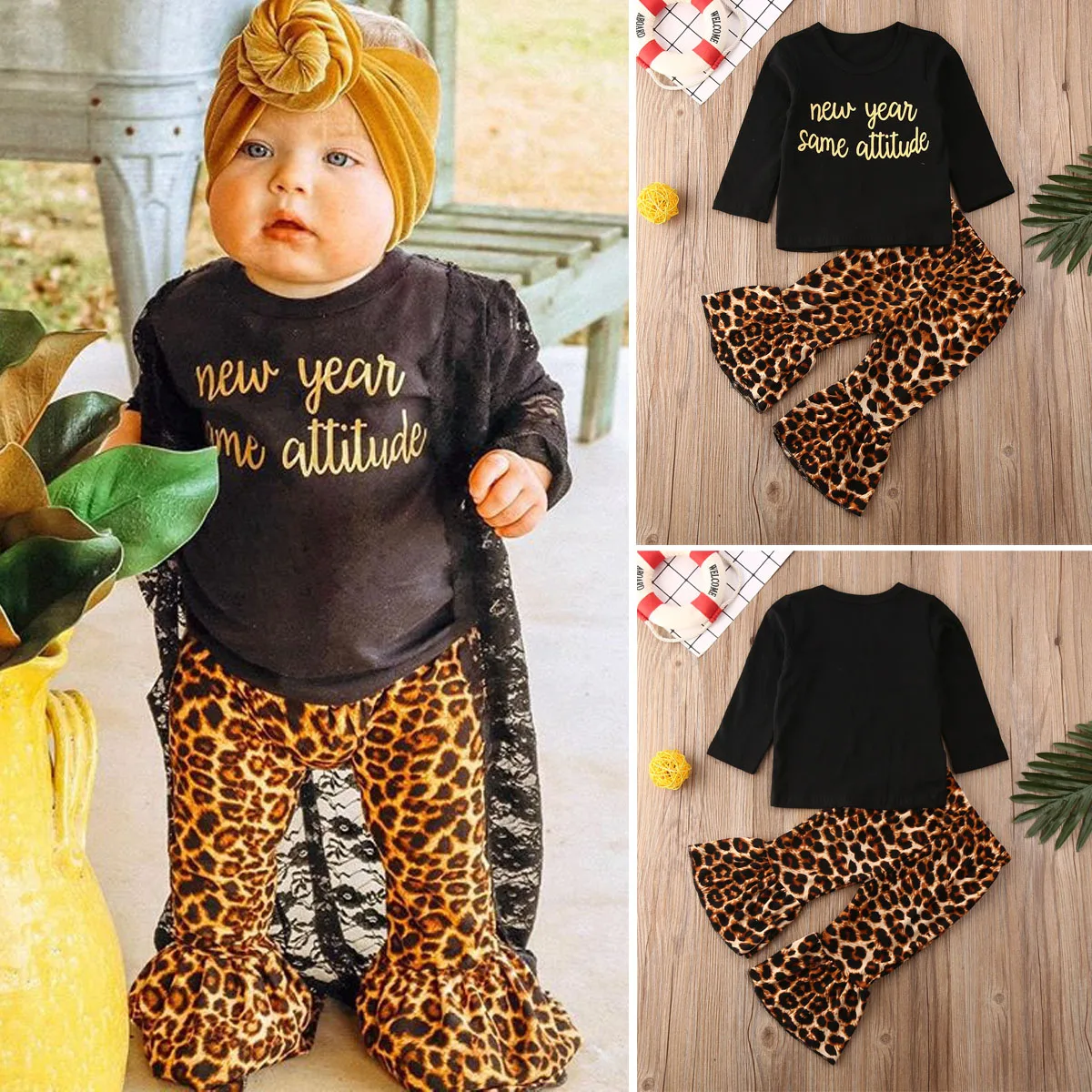 Focusnorm/осенняя одежда из 2 предметов для маленьких девочек от 0 до 3 лет хлопковые топы с надписью+ штаны с леопардовым принтом комплект осенней одежды для девочек