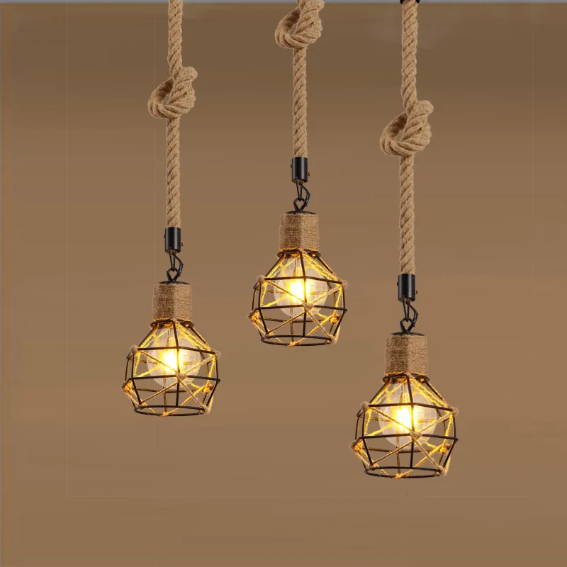 

Rustic Industrial Woven Pendant Light One-Light Adjustable Metal Hemp Rope Mini Pendant Lighting Fixture for Kitchen Cafe Bar
