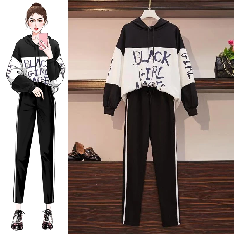 

Women's suit Letter Long sleeve pullover Sweatshirt pants Plus size Hooded top trousers Two-piece set Girls Loose Hoodies Set