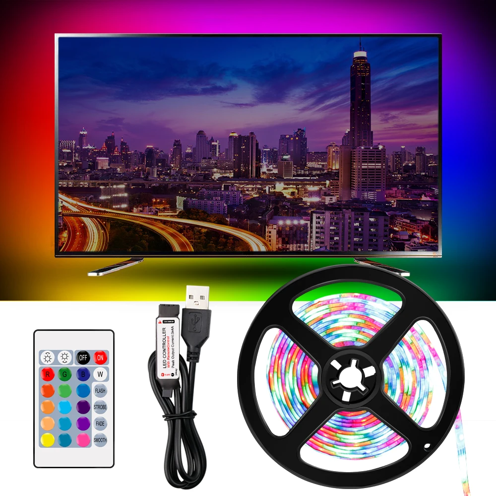 

LED Strip lamp USB DC 5V Flexible LED light RGB 50CM 1M 2M 3M 4M 5M LED Ambilight Remote TV Background Lighting Control+Adapter