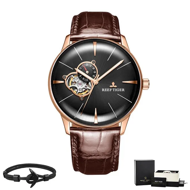 Reef Tiger бренд Tourbillon черный циферблат водонепроницаемые автоматические часы Топ Механические Роскошный кожаный ремешок мужские часы reloj hombre - Цвет: RGA8239-PBS Box Gift