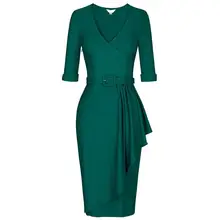 Женское винтажное платье-футляр с v-образным вырезом, поясом и оборками на талии, Ретро стиль, Осень-зима, деловые Повседневные Вечерние платья бодикон