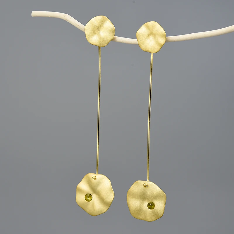 Lotus Fun, 18 k, Золотой лотос, листья, висячие серьги, настоящее 925 пробы, серебро, натуральный, ручной работы, хорошее ювелирное изделие, серьги для женщин, бижутерия - Цвет камня: Gold Green