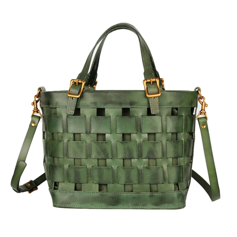 

New Real Leather Handbags Top Layer Cowhide Hand-Woven Handbag Retro Casual Shoulder Messenger Bag