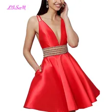 Бисером v-образным вырезом ТРАПЕЦИЕВИДНОЕ атласное платье Бальные вечерние платья с карманами сексуальное платье с глубоким v-образным вырезом, открытая спина, Empire Prom платье