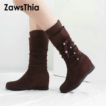 

ZawsThia bohemian winter autumn velvet flock woman boots hidden heels height increasing wedges women mid-calf boots for women