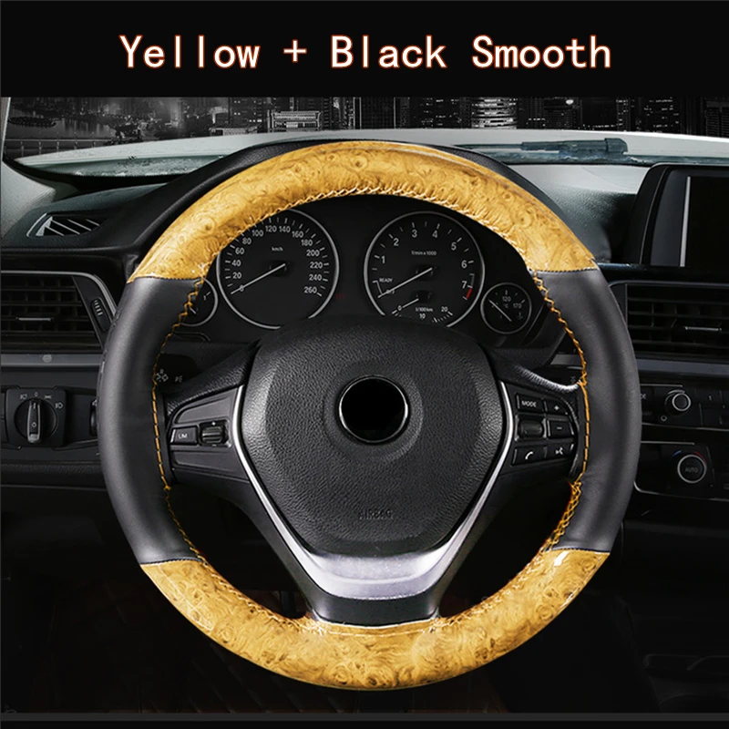 Yellow Smooth black 38 см Кристалл красного дерева модный спортивный ручной сшитый чехол на руль четыре сезона универсальный чехол на руль автомобильные аксессуары - Название цвета: Yellow Smooth black