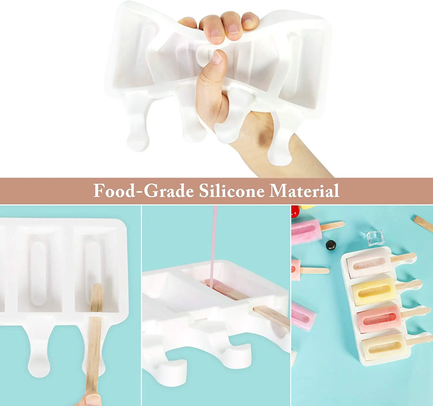 

4 Hole Silicone Ice Cream Mold Ice Cube Tray Popsicle Diy Mould Dessert Kitchen Dining Bar Food Grade Baking Tools Bakeware