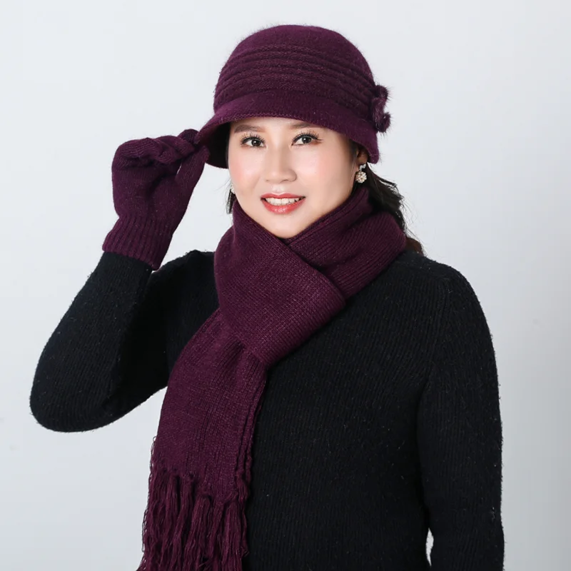 Зимняя женская шапка из кроличьего меха, шарф, женские шерстяные шапки, теплые вязаные шапочки для девочек, зимняя бархатная шапка, шарф, перчатки, комплект из 3 предметов - Цвет: Dark purple