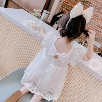 

Toddler Girls Lace Embroidery Dress for Kids Lovely White Flare Sleeve Causal Dress with Bows Children Summer Casual Clothing