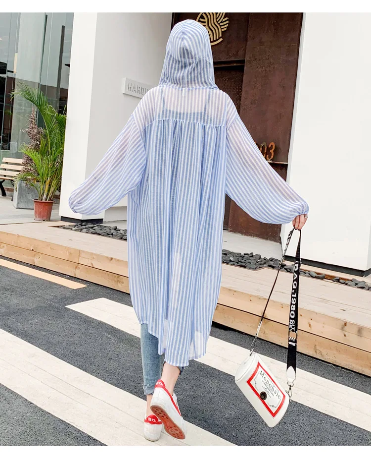 Spring And Summer New Style Korean-style Loose-Fit BF Mid-length Striped Shirt Hooded Sunscreen Coat Thin Coat