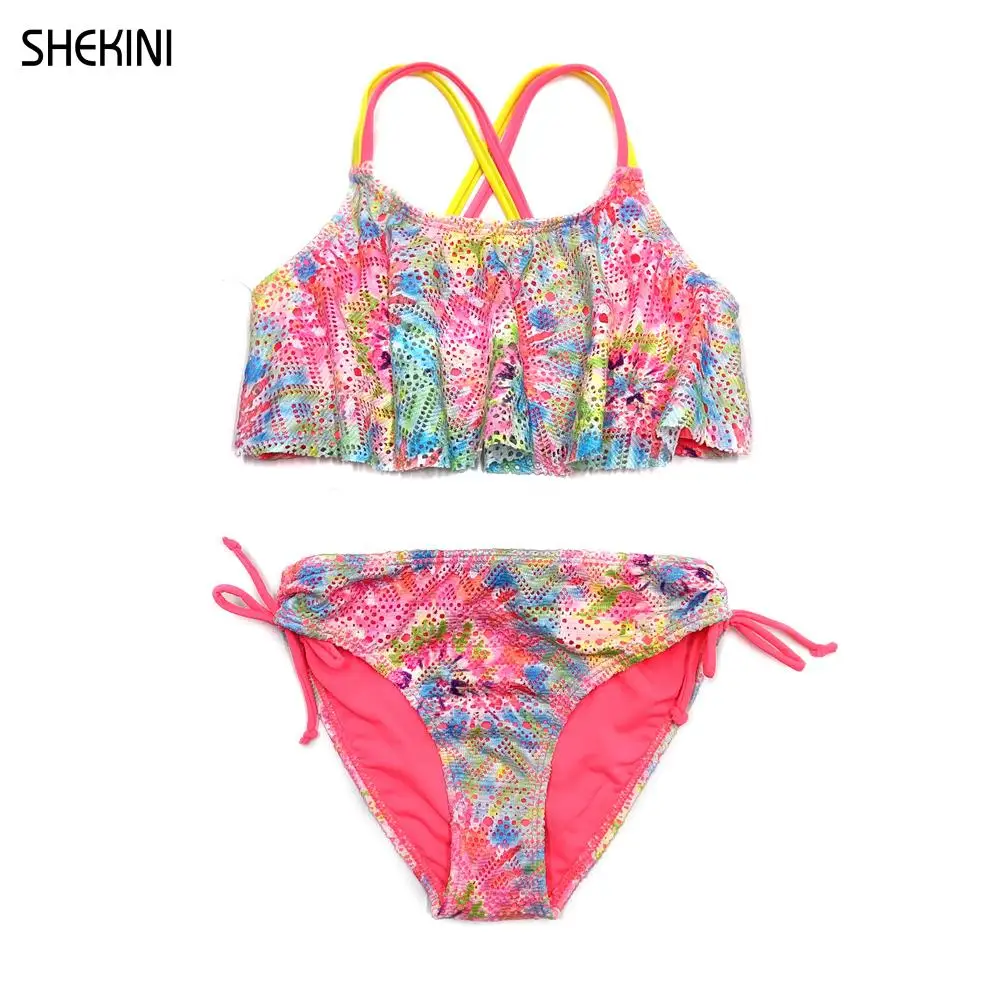 Girl's Ruffles Flounce Print Crochet Teenage Girls Bikini Tie Side Bottom Hollow Back Crisscross Two Piece Swimsuits Beachwear