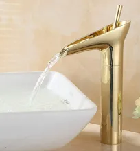 

Gold Polished Brass Waterfall Style Bathroom Sink Basin Faucet Mixer Tap Single Hole One Handle mgf057