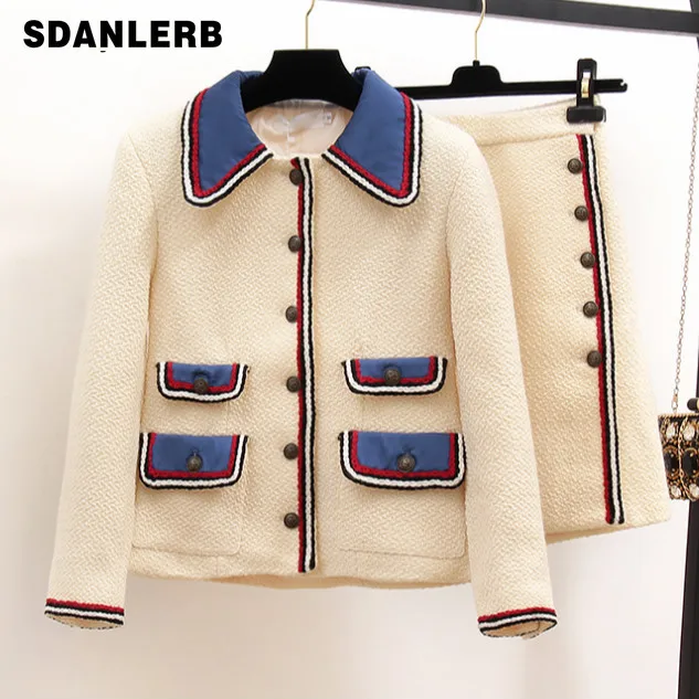 

College Style Two Piece Suit Woman 2019 Autumn and Winter New Small Fragrant Tweed Coat with Package Hip Skirt Sets Female Lady