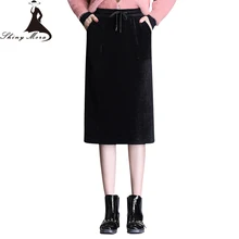 SHINYMORA новая зимняя Вельветовая юбка Женская высокая Wast прямая повседневная юбка Уличная элегантная до колена с карманами юбки M-4XL