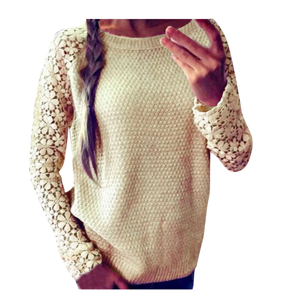 

2019 Solid Sweater Ladies Crew Neck Long Sleeve Lace Top Sweater Pullover Loose Jumper Knitwear Outwear Cuello Tortuga Mujer
