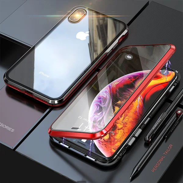 Двухсторонний стеклянный чехол для телефона для iPhone 11 11 Pro 11 Pro Max X XS Max XR Магнитный адсорбционный чехол для iPhone 7 8 6 6s Plus - Цвет: Red and black