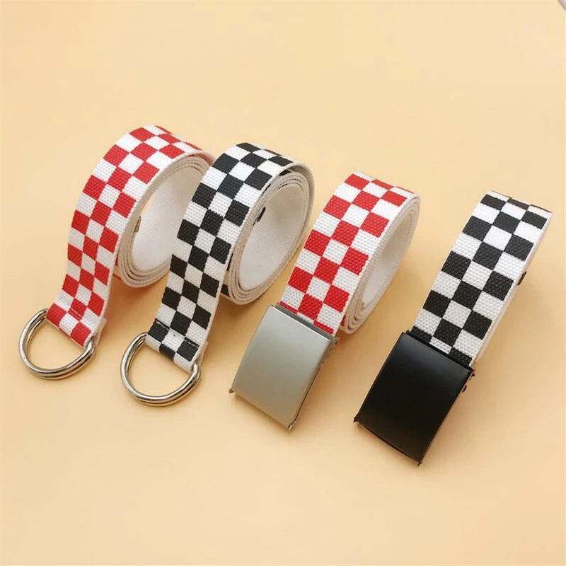 

Men Women Waistband Black White Plaid Belt Canvas Checkerboard Belts Cummerbunds Canvas Waist Belts Casual Checkered D Buckle