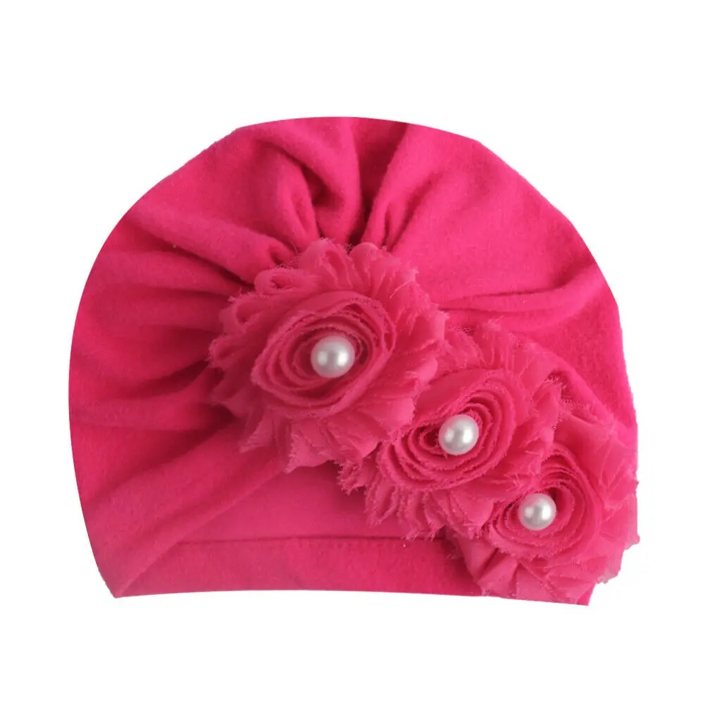 Детские аксессуары для новорожденных девочек и мальчиков с жемчугом 3D Цветочный Цветок хлопок детская шапка Теплый головной убор шляпа - Цвет: Розово-красный