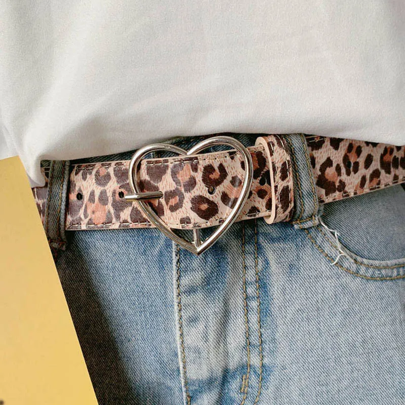 

Women PU Leather Belts Leopard Print Heart-shaped Pin Buckle High Quality Designer Luxury Female Waist Belt Trouser Decorative