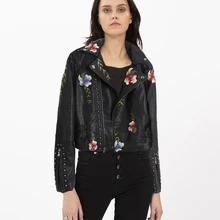New Womens Long Sleeve Floral Embroidered Turn-down Collar Leather Jacket Sportswear Fashion Motorcycle Coat Mujer