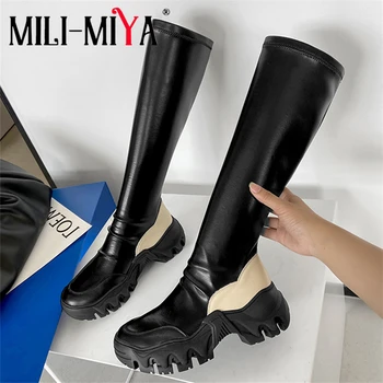 

MILI-MIYA Classic Design Women Cow Leather Knee-High Boots Slip-On Stretch Microfiber Mixed Color Comfortable Platform Heels