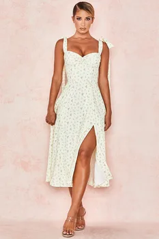 

2020 New Women yellow Print Elegant Spaghetti Strap Vestidos Celebrity evening party bandage dress wholesale