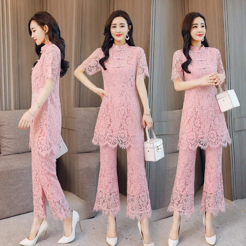 

2019 Summer China Ethnic-Style Cheongsam Lace Two-Piece Set Vintage Improved Cheongsam Lace Set