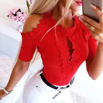 

Women Lace Casual Shirts Short Sleeve Solid White Red Off Shoulder Womens and Tops Summer Ladies Shirt
