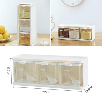 

Kitchen Three Grid Seasoning Box Horizontal Dual-purpose Transparent Seasoning Box With Spoon Pull-type Dust-proof Pattern Rando