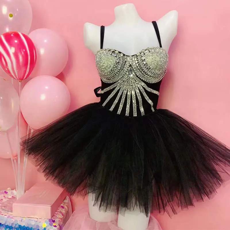 Сексуальные черные стразы, боди, сетчатая юбка, женская певица, DJ DS танцевальная одежда, сценический костюм, купальник для ночного клуба