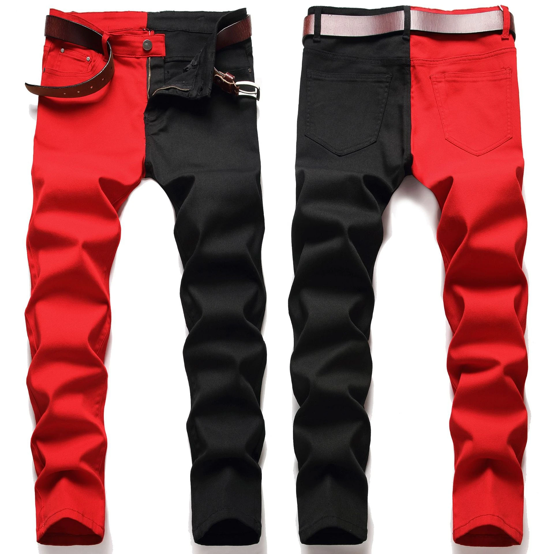 Pantalones vaqueros ajustados de dos colores hombre, Jeans de costura negra y roja, tendencias de moda juvenil, novedad de Otoño de 2022|Pantalones vaqueros| - AliExpress