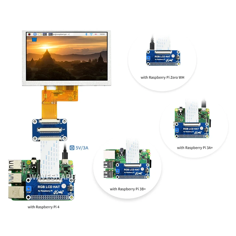 Waveshare   4, 3,  800  480 ػ, IPS ũ ÷, ġ , 5 ġ DPI  LCD