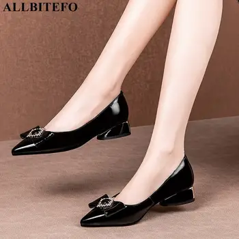 

ALLBITEFO large size:34-42 genuine leaher bowtie thick heels office ladies shoes brand high heels party women shoes women heels