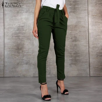 

ZANZEA Women Office Work Long Pants 2020 Fashion Lady Elastic High Waist Belt Trousers Casual Loose Solid Pantalon Streetwear 7