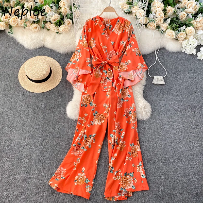 Neploe Print Bohemian Holiday Jumpsuit Women Irregular Design High Waist Hip Wide Leg Bodysuit V Neck Flare Long Sleeve Playsuit |