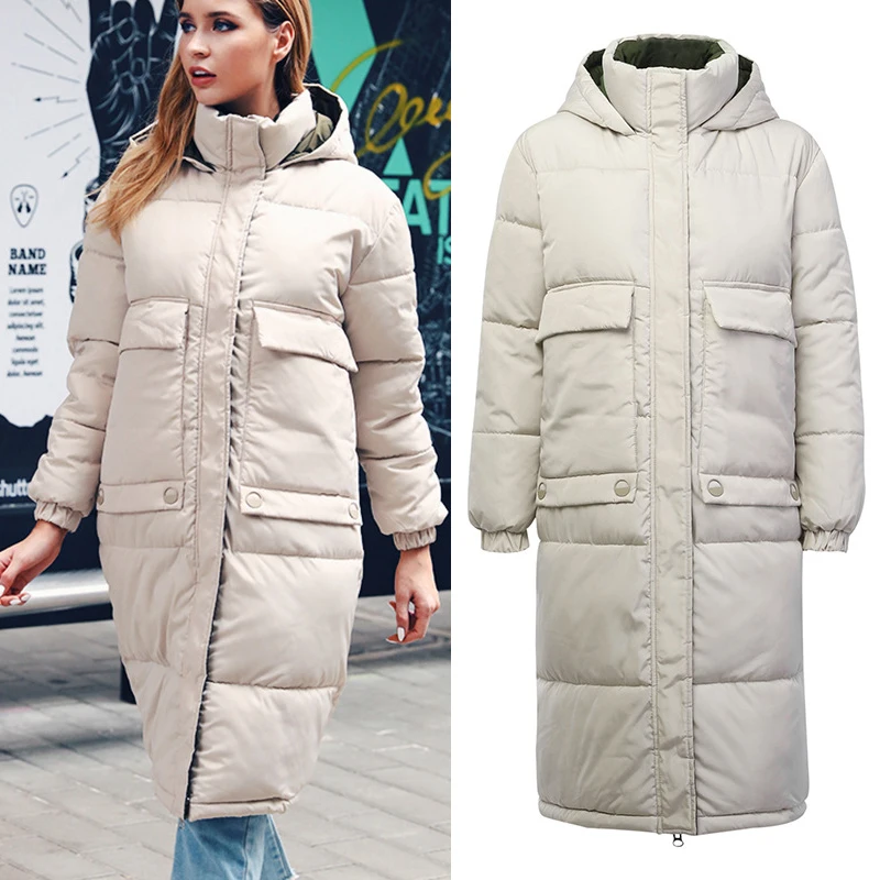 

Magiray Hooded Pocket Thick Ladies Coat Long Coats Parka Oversize Jacket Mid-long Women Winter Jacket Women Runway Tops Black