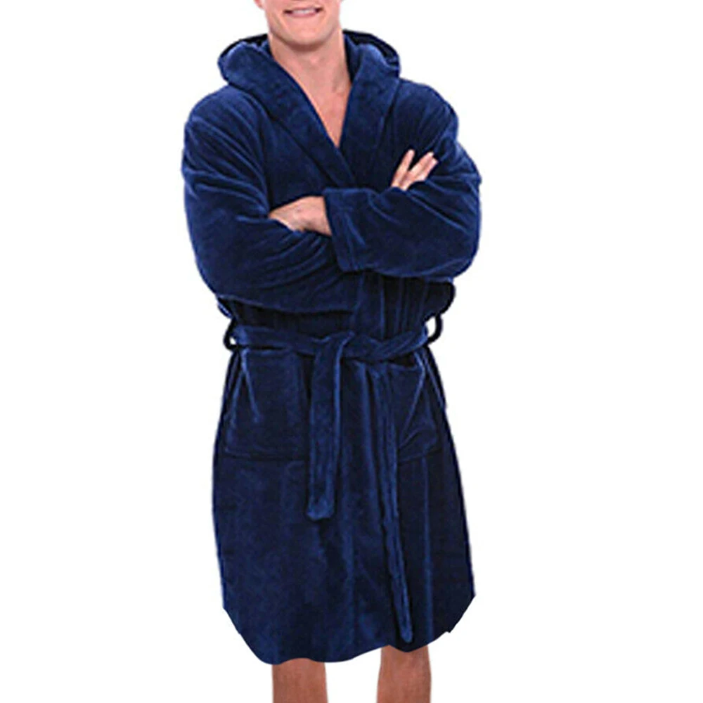 Winter Pocket Robes Mens Solid Hooded Bathrobe with Belt  Luxury Robe Sleepwear for Men Clothing Robes mens cotton pjs