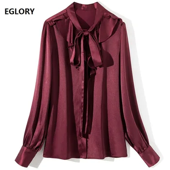 

Elegant Bow Blouse Shirt 2019 Autumn High Quality Brown Black White Shirt Women Long Sleeve Shirt Work Tops Blouse Female