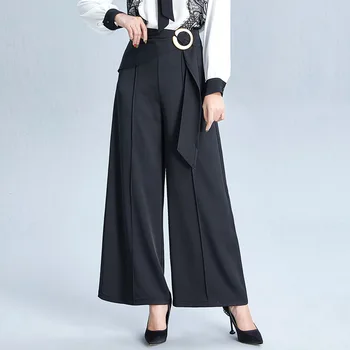 

Solid color non-elastic high-waisted loose wide-leg pants women's zipper lace style all-match pants in 2020 season