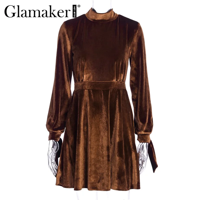 Glamaker бархатное сексуальное короткое платье с открытой спиной, осеннее платье с высоким воротом и бантом на шнуровке, Женское зимнее платье с рукавами-фонариками