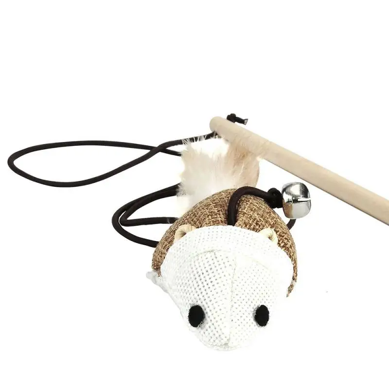 New Pet Cat Toys Funny Wooden Stick Dangle Mouse Ball With Feather Bell Interactive Cat Games Elastic Rope Toys 1 Pcs