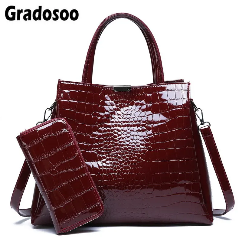 Gradosoo Bright Crocodile Pattern Two-Piece Composite Bag Women's Handbag Fashion Shoulder Female Coin Purse Tote LBF410 |