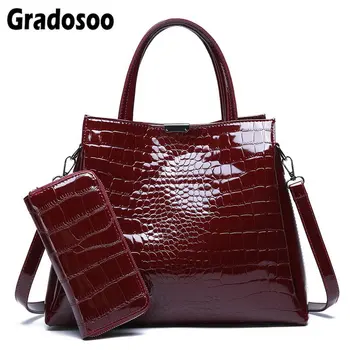 

Gradosoo Bright Crocodile Pattern Two-Piece Composite Bag Women's Handbag Fashion Shoulder Bag Female Coin Purse Tote Bag LBF410